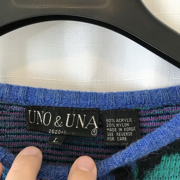 Uno&una Vintage Knit Floaral Sweater Blue Size Large Geometric - Picture 7 of 13